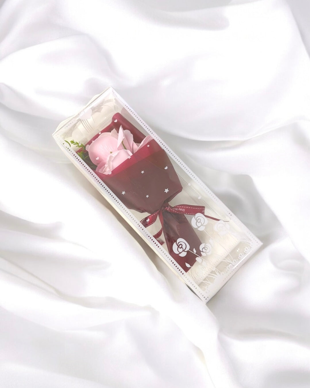 PINK ARTIFICIAL 20CM 3 HEADED ROSE IN GIFT BOX