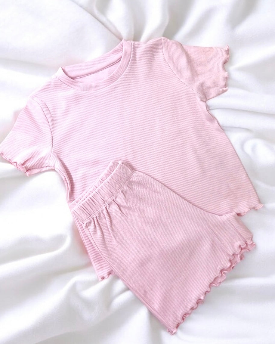 CLEARANCE - PINK RIBBED T-SHIRT & SHORTS SET