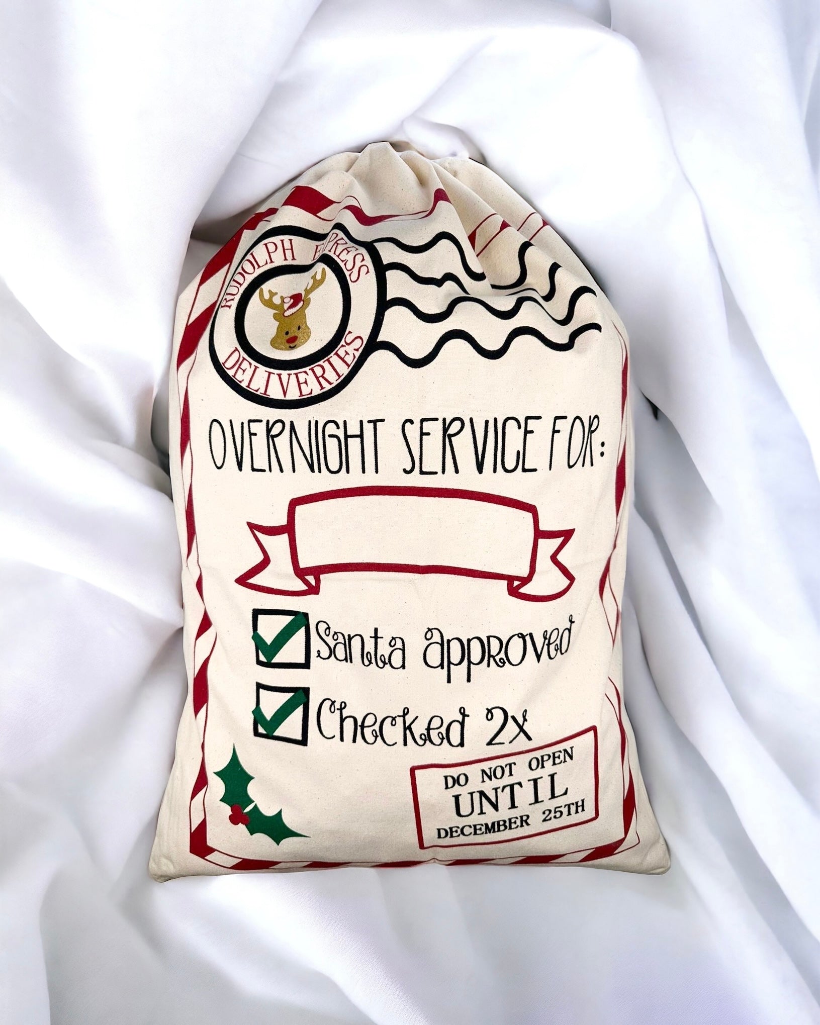 BEIGE CHECKLIST SACK (RED DRAWSTRING)
