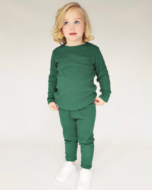 KIDS FOREST GREEN RIBBED LOUNGESET