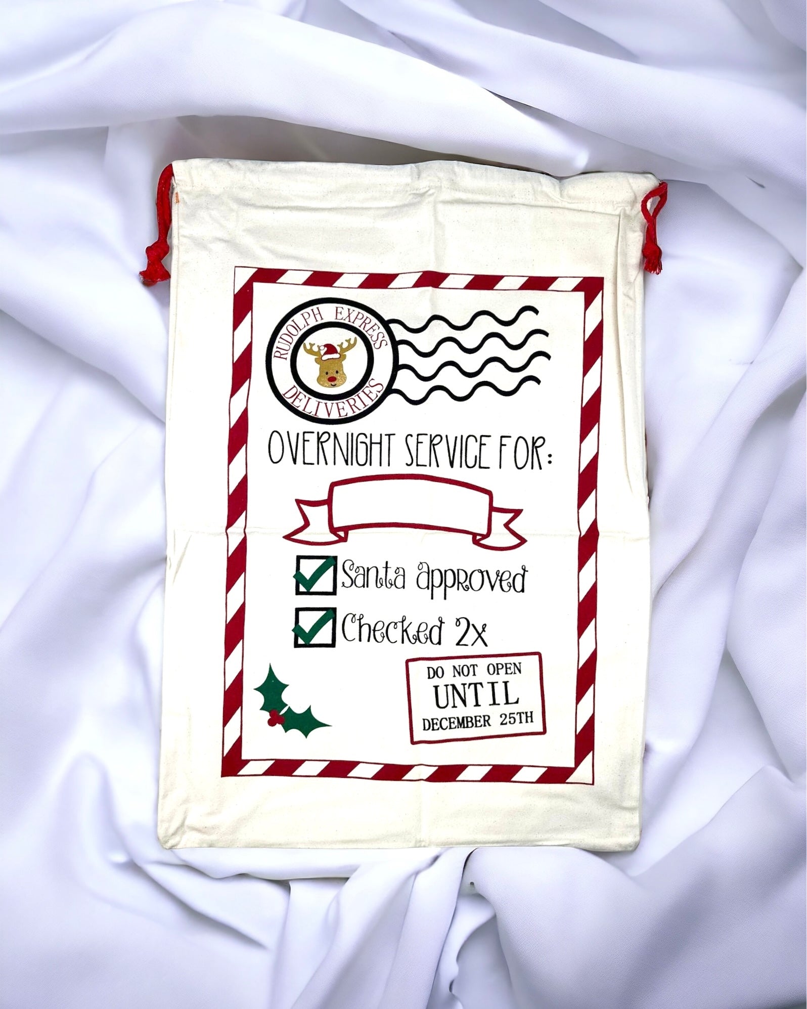 BEIGE CHECKLIST SACK (RED DRAWSTRING)