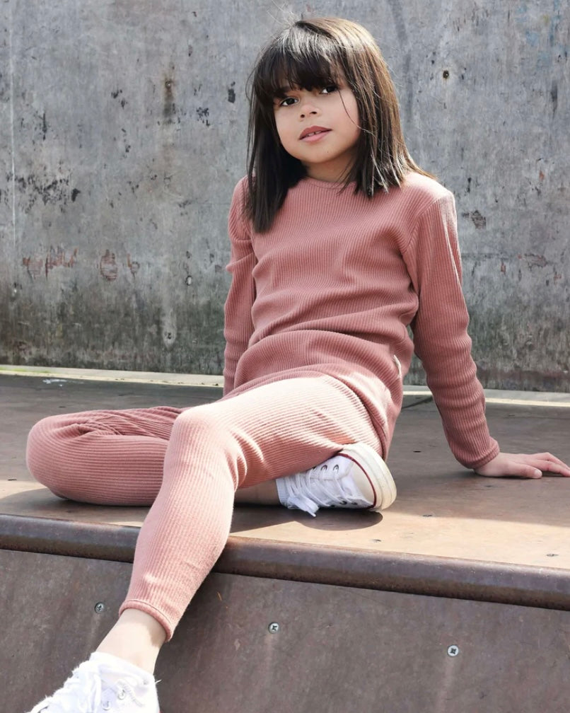 KIDS LEATHER PINK RIBBED LOUNGESET